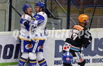 EBEL. Eishockey Bundesliga. VSV gegen Black Wings 1992.  Torjubel Scott Kosmachuk, Jordan Caron (VSV). Villach, am 14.2.2021.
Foto: Kuess
www.qspictures.net
---
pressefotos, pressefotografie, kuess, qs, qspictures, sport, bild, bilder, bilddatenbank