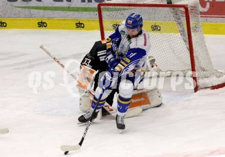 EBEL. Eishockey Bundesliga. VSV gegen Black Wings 1992. Jordan Caron,   (VSV),  Luka Gracnar (Linz). Villach, am 14.2.2021.
Foto: Kuess
www.qspictures.net
---
pressefotos, pressefotografie, kuess, qs, qspictures, sport, bild, bilder, bilddatenbank