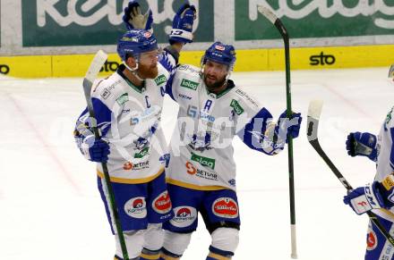EBEL. Eishockey Bundesliga. VSV gegen Black Wings 1992.  Torjubel Jamie Fraser, Jerry Pollastrone (VSV). Villach, am 14.2.2021.
Foto: Kuess
www.qspictures.net
---
pressefotos, pressefotografie, kuess, qs, qspictures, sport, bild, bilder, bilddatenbank