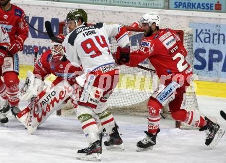 EBEL. Eishockey Bundesliga. KAC gegen	HCB Suedtirol Alperia. Steven Strong,   (KAC),  Daniel Frank (Bozen). Klagenfurt, am 21.2.2021.
Foto: Kuess
www.qspictures.net

---
pressefotos, pressefotografie, kuess, qs, qspictures, sport, bild, bilder, bilddatenbank