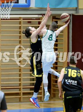 Basketball Zweite Liga 2020/2021. Grunddurchgang 20. Runde. KOS Celovec gegen  Fuerstenfeld Panthers. Jernej Heine Andolsek (KOS Celovec),  Adnan Hajder (Fuerstenfeld). Klagenfurt, am 20.2.2021.
Foto: Kuess
www.qspictures.net

---
pressefotos, pressefotografie, kuess, qs, qspictures, sport, bild, bilder, bilddatenbank