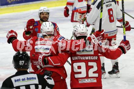 EBEL. Eishockey Bundesliga. KAC gegen	HCB Suedtirol Alperia. Torjubel Thomas Koch, Blaz Gregorc, Clemens Unterweger (KAC). Klagenfurt, am 21.2.2021.
Foto: Kuess
www.qspictures.net

---
pressefotos, pressefotografie, kuess, qs, qspictures, sport, bild, bilder, bilddatenbank