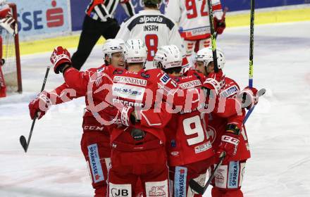 EBEL. Eishockey Bundesliga. KAC gegen	HCB Suedtirol Alperia. Torjubel Matthew Fraser, Thomas Koch, Blaz Gregorc, Clemens Unterweger (KAC). Klagenfurt, am 21.2.2021.
Foto: Kuess
www.qspictures.net

---
pressefotos, pressefotografie, kuess, qs, qspictures, sport, bild, bilder, bilddatenbank