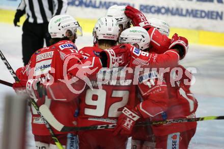 EBEL. Eishockey Bundesliga. KAC gegen	HCB Suedtirol Alperia. Torjubel Clemens Unterweger, Manuel Geier, Lukas Haudum, Manuel Ganahl (KAC). Klagenfurt, am 21.2.2021.
Foto: Kuess
www.qspictures.net

---
pressefotos, pressefotografie, kuess, qs, qspictures, sport, bild, bilder, bilddatenbank