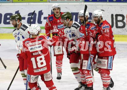 EBEL. Eishockey Bundesliga. KAC gegen	HCB Suedtirol Alperia. Torjubel Thomas Koch, Lukas Haudum, Steven Strong, Martin Schumnig (KAC). Klagenfurt, am 21.2.2021.
Foto: Kuess
www.qspictures.net

---
pressefotos, pressefotografie, kuess, qs, qspictures, sport, bild, bilder, bilddatenbank