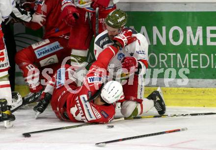EBEL. Eishockey Bundesliga. KAC gegen	HCB Suedtirol Alperia. Kele Steffler,  (KAC), Daniel Catenacci (Bozen). Klagenfurt, am 21.2.2021.
Foto: Kuess
www.qspictures.net

---
pressefotos, pressefotografie, kuess, qs, qspictures, sport, bild, bilder, bilddatenbank