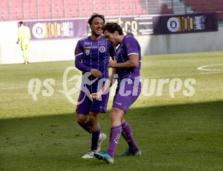 Fussball 2. Liga. SK Austria Klagenfurt gegen  SK Rapid II. Torjubel Simon Straudi, Herbert Paul (Klagenfurt). Klagenfurt, am 21.2.2021.
Foto: Kuess
www.qspictures.net
---
pressefotos, pressefotografie, kuess, qs, qspictures, sport, bild, bilder, bilddatenbank