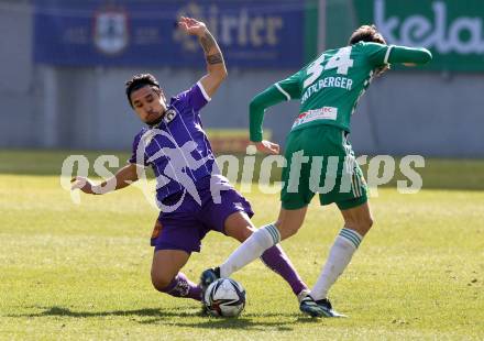 Fussball 2. Liga. SK Austria Klagenfurt gegen  SK Rapid II.   Maximiliano Moreira Romero (Klagenfurt), Nikolas Sattlberger (Rapid). Klagenfurt, am 21.2.2021.
Foto: Kuess
www.qspictures.net
---
pressefotos, pressefotografie, kuess, qs, qspictures, sport, bild, bilder, bilddatenbank