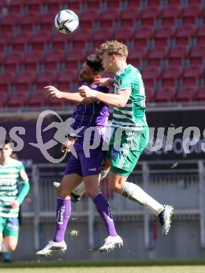 Fussball 2. Liga. SK Austria Klagenfurt gegen  SK Rapid II.   Darijo Pecirep (Klagenfurt),  Leopold Querfeld (Rapid). Klagenfurt, am 21.2.2021.
Foto: Kuess
www.qspictures.net
---
pressefotos, pressefotografie, kuess, qs, qspictures, sport, bild, bilder, bilddatenbank