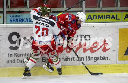 EBEL. Eishockey Bundesliga. KAC gegen	HCB Suedtirol Alperia. Thomas Koch,  (KAC), Dennis Robertson (Bozen). Klagenfurt, am 21.2.2021.
Foto: Kuess
www.qspictures.net

---
pressefotos, pressefotografie, kuess, qs, qspictures, sport, bild, bilder, bilddatenbank