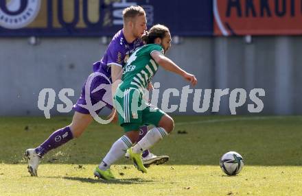 Fussball 2. Liga. SK Austria Klagenfurt gegen  SK Rapid II.  Florian Jaritz (Klagenfurt),  Lukas Sulzbacher (Rapid). Klagenfurt, am 21.2.2021.
Foto: Kuess
www.qspictures.net
---
pressefotos, pressefotografie, kuess, qs, qspictures, sport, bild, bilder, bilddatenbank