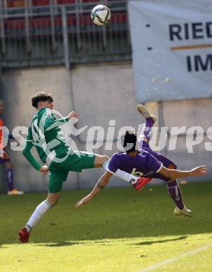 Fussball 2. Liga. SK Austria Klagenfurt gegen  SK Rapid II. Maximiliano Moreira Romero (Klagenfurt), Almir Oda (Rapid). Klagenfurt, am 21.2.2021.
Foto: Kuess
www.qspictures.net
---
pressefotos, pressefotografie, kuess, qs, qspictures, sport, bild, bilder, bilddatenbank