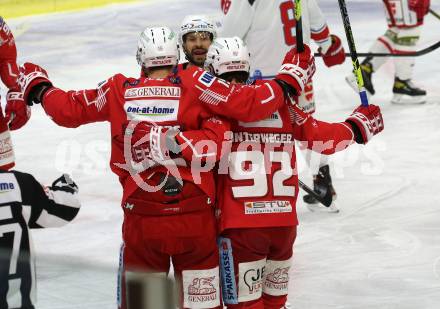 EBEL. Eishockey Bundesliga. KAC gegen	HCB Suedtirol Alperia. Torjubel Thomas Koch, Blaz Gregorc, Clemens Unterweger (KAC). Klagenfurt, am 21.2.2021.
Foto: Kuess
www.qspictures.net

---
pressefotos, pressefotografie, kuess, qs, qspictures, sport, bild, bilder, bilddatenbank