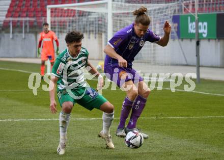 Fussball 2. Liga. SK Austria Klagenfurt gegen  SK Rapid II.  Patrick Greil (Klagenfurt), Bernhard Zimmermann (Rapid). Klagenfurt, am 21.2.2021.
Foto: Kuess
www.qspictures.net
---
pressefotos, pressefotografie, kuess, qs, qspictures, sport, bild, bilder, bilddatenbank