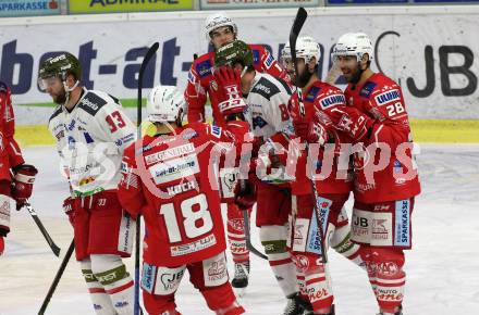 EBEL. Eishockey Bundesliga. KAC gegen	HCB Suedtirol Alperia.  Torjubel Thomas Koch, Lukas Haudum, Steven Strong, Martin Schumnig (KAC). Klagenfurt, am 21.2.2021.
Foto: Kuess
www.qspictures.net

---
pressefotos, pressefotografie, kuess, qs, qspictures, sport, bild, bilder, bilddatenbank
