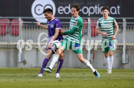 Fussball 2. Liga. SK Austria Klagenfurt gegen  SK Rapid II. Darijo Pecirep (Klagenfurt),  Nikolas Sattlberger (Rapid). Klagenfurt, am 21.2.2021.
Foto: Kuess
www.qspictures.net
---
pressefotos, pressefotografie, kuess, qs, qspictures, sport, bild, bilder, bilddatenbank