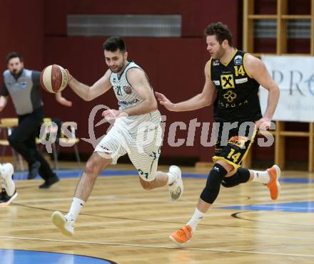 Basketball Zweite Liga 2020/2021. Grunddurchgang 20. Runde. KOS Celovec gegen  Fuerstenfeld Panthers. Marin Sliskovic (KOS Celovec), Marko Vranjkovic (Fuerstenfeld). Klagenfurt, am 20.2.2021.
Foto: Kuess
www.qspictures.net

---
pressefotos, pressefotografie, kuess, qs, qspictures, sport, bild, bilder, bilddatenbank