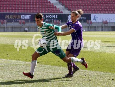 Fussball 2. Liga. SK Austria Klagenfurt gegen  SK Rapid II.  Patrick Greil (Klagenfurt), Fabian Eggenfellner (Rapid). Klagenfurt, am 21.2.2021.
Foto: Kuess
www.qspictures.net
---
pressefotos, pressefotografie, kuess, qs, qspictures, sport, bild, bilder, bilddatenbank