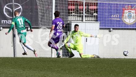 Fussball 2. Liga. SK Austria Klagenfurt gegen  SK Rapid II. Lennart Franklin Moser, Herbert Paul (Klagenfurt), Oliver Strunz (Rapid). Klagenfurt, am 21.2.2021.
Foto: Kuess
www.qspictures.net
---
pressefotos, pressefotografie, kuess, qs, qspictures, sport, bild, bilder, bilddatenbank