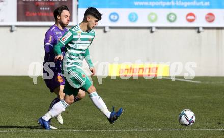 Fussball 2. Liga. SK Austria Klagenfurt gegen  SK Rapid II. Simon Straudi (Klagenfurt), Adrian Hajdari (Rapid). Klagenfurt, am 21.2.2021.
Foto: Kuess
www.qspictures.net
---
pressefotos, pressefotografie, kuess, qs, qspictures, sport, bild, bilder, bilddatenbank