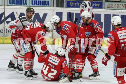 EBEL. Eishockey Bundesliga. KAC gegen	HCB Suedtirol Alperia. Torjubel Manuel Ganahl, Rok Ticar, Nicholas Eric Petersen, Thomas Vallant (KAC). Klagenfurt, am 21.2.2021.
Foto: Kuess
www.qspictures.net

---
pressefotos, pressefotografie, kuess, qs, qspictures, sport, bild, bilder, bilddatenbank