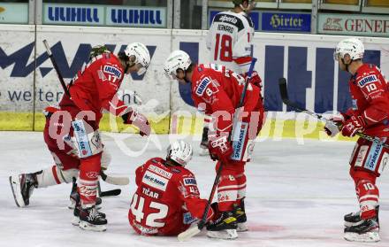 EBEL. Eishockey Bundesliga. KAC gegen	HCB Suedtirol Alperia. Torjubel Manuel Ganahl, Rok Ticar, Nicholas Eric Petersen, Thomas Vallant (KAC). Klagenfurt, am 21.2.2021.
Foto: Kuess
www.qspictures.net

---
pressefotos, pressefotografie, kuess, qs, qspictures, sport, bild, bilder, bilddatenbank