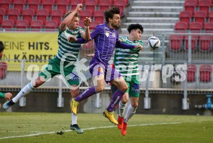 Fussball 2. Liga. SK Austria Klagenfurt gegen  SK Rapid II.  Thorsten Mahrer (Klagenfurt),  Yusuf Demir (Rapid). Klagenfurt, am 21.2.2021.
Foto: Kuess
www.qspictures.net
---
pressefotos, pressefotografie, kuess, qs, qspictures, sport, bild, bilder, bilddatenbank