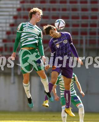 Fussball 2. Liga. SK Austria Klagenfurt gegen  SK Rapid II.   Thorsten Mahrer (Klagenfurt),  Nicolas Binder (Rapid). Klagenfurt, am 21.2.2021.
Foto: Kuess
www.qspictures.net
---
pressefotos, pressefotografie, kuess, qs, qspictures, sport, bild, bilder, bilddatenbank