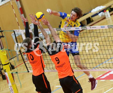 Volleyball. Austria Volley Cup. HCup. SK Zadruga Aich/Dob gegen VCA Amstetten.  Arvydas MISEIKIS (Aich/Dob),  BlazsovicsPeter Blazsovics,   Ulve Steidl (Amstetten). Bleiburg, am 21.2.2021.
Foto: Kuess
www.qspictures.net
---
pressefotos, pressefotografie, kuess, qs, qspictures, sport, bild, bilder, bilddatenbank