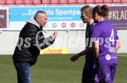 Fussball 2. Liga. SK Austria Klagenfurt gegen  SK Rapid II.  Trainer Peter Pacult, Christopher Brian Cvetko, Patrick Greil (Klagenfurt). Klagenfurt, am 21.2.2021.
Foto: Kuess
www.qspictures.net
---
pressefotos, pressefotografie, kuess, qs, qspictures, sport, bild, bilder, bilddatenbank