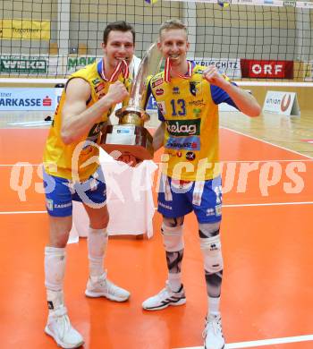 Volleyball. Austria Volley Cup. HCup. SK Zadruga Aich/Dob gegen VCA Amstetten. Jubel  Konrad Dariusz FORMELA, Blazej PODLESNY (Aich/Dob). Bleiburg, am 21.2.2021.
Foto: Kuess
www.qspictures.net
---
pressefotos, pressefotografie, kuess, qs, qspictures, sport, bild, bilder, bilddatenbank