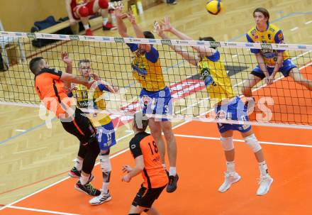 Volleyball. Austria Volley Cup. HCup. SK Zadruga Aich/Dob gegen VCA Amstetten. Michal HRUSKA, Konrad Dariusz FORMELA  (Aich/Dob),   Ulve Steidl, Jan Niklas Zaller (Amstetten). Bleiburg, am 21.2.2021.
Foto: Kuess
www.qspictures.net
---
pressefotos, pressefotografie, kuess, qs, qspictures, sport, bild, bilder, bilddatenbank