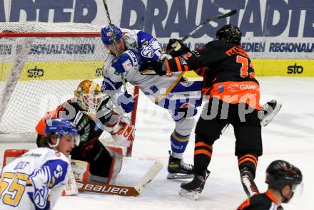 EBEL. Eishockey Bundesliga. VSV gegen Moser Medical Graz 99ers. Julian Kornelli,  (VSV), Felix Nussbacher, Vitali Menshikov  (Graz). Villach, am 23.2.2021.
Foto: Kuess
www.qspictures.net
---
pressefotos, pressefotografie, kuess, qs, qspictures, sport, bild, bilder, bilddatenbank