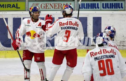 EBEL. Eishockey Bundesliga. KAC gegen	EC Salzburg.  Torjubel Dominique Heinrich, Alexander Rauchenwald, Alexander Pallestrang  (Salzburg). Klagenfurt, am 26.2.2021.
Foto: Kuess
www.qspictures.net

---
pressefotos, pressefotografie, kuess, qs, qspictures, sport, bild, bilder, bilddatenbank