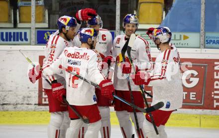 EBEL. Eishockey Bundesliga. KAC gegen	EC Salzburg. Torjubel Derek Joslin, Thomas Raffl, Rick Schofield, John Hughes, Stefan Espeland  (Salzburg). Klagenfurt, am 26.2.2021.
Foto: Kuess
www.qspictures.net

---
pressefotos, pressefotografie, kuess, qs, qspictures, sport, bild, bilder, bilddatenbank