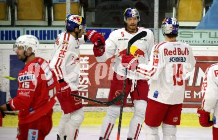 EBEL. Eishockey Bundesliga. KAC gegen	EC Salzburg. Torjubel Derek Joslin, Thomas Raffl, Rick Schofield  (Salzburg). Klagenfurt, am 26.2.2021.
Foto: Kuess
www.qspictures.net

---
pressefotos, pressefotografie, kuess, qs, qspictures, sport, bild, bilder, bilddatenbank