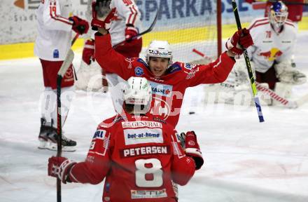 EBEL. Eishockey Bundesliga. KAC gegen	EC Salzburg. Torjubel Clemens Unterweger, Nicholas Eric Petersen (KAC). Klagenfurt, am 26.2.2021.
Foto: Kuess
www.qspictures.net

---
pressefotos, pressefotografie, kuess, qs, qspictures, sport, bild, bilder, bilddatenbank