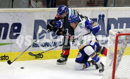 EBEL. Eishockey Bundesliga. VSV gegen HC TWK Innsbruck. Scott Kosmachuk,  (VSV), Daniel Claudio Ciampini  (Innsbruck). Villach, am 28.2.2021.
Foto: Kuess
www.qspictures.net
---
pressefotos, pressefotografie, kuess, qs, qspictures, sport, bild, bilder, bilddatenbank