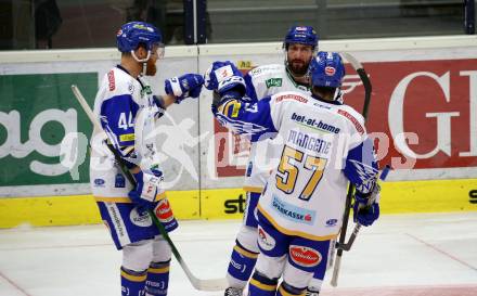EBEL. Eishockey Bundesliga. VSV gegen HC TWK Innsbruck.  Torjubel Jamie Fraser, Matt Mangene, Jerry Pollastrone (VSV). Villach, am 28.2.2021.
Foto: Kuess
www.qspictures.net
---
pressefotos, pressefotografie, kuess, qs, qspictures, sport, bild, bilder, bilddatenbank