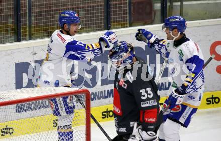 EBEL. Eishockey Bundesliga. VSV gegen HC TWK Innsbruck. Torjubel Scott Kosmachuk, Josef Hrabal  (VSV). Villach, am 28.2.2021.
Foto: Kuess
www.qspictures.net
---
pressefotos, pressefotografie, kuess, qs, qspictures, sport, bild, bilder, bilddatenbank