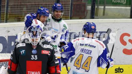 EBEL. Eishockey Bundesliga. VSV gegen HC TWK Innsbruck.  Torjubel Scott Kosmachuk, Josef Hrabal, Jamie Fraser (VSV). Villach, am 28.2.2021.
Foto: Kuess
www.qspictures.net
---
pressefotos, pressefotografie, kuess, qs, qspictures, sport, bild, bilder, bilddatenbank