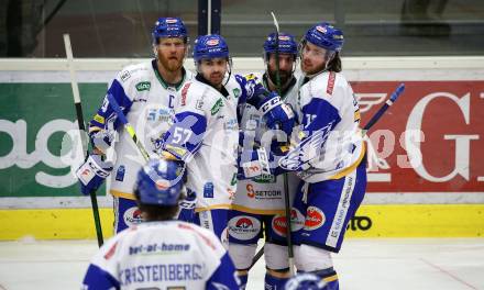EBEL. Eishockey Bundesliga. VSV gegen HC TWK Innsbruck.  Torjubel Jamie Fraser, Matt Mangene, Jerry Pollastrone, Chris Collins, Renars Krastenbergs (VSV). Villach, am 28.2.2021.
Foto: Kuess
www.qspictures.net
---
pressefotos, pressefotografie, kuess, qs, qspictures, sport, bild, bilder, bilddatenbank