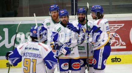 EBEL. Eishockey Bundesliga. VSV gegen HC TWK Innsbruck.  Torjubel Jamie Fraser, Matt Mangene, Jerry Pollastrone, Chris Collins, Renars Krastenbergs (VSV). Villach, am 28.2.2021.
Foto: Kuess
www.qspictures.net
---
pressefotos, pressefotografie, kuess, qs, qspictures, sport, bild, bilder, bilddatenbank