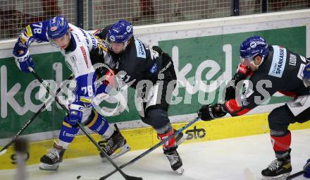 EBEL. Eishockey Bundesliga. VSV gegen HC TWK Innsbruck.  Felix Maxa,  (VSV), Christof Kromp, Luis Ludin (Innsbruck). Villach, am 28.2.2021.
Foto: Kuess
www.qspictures.net
---
pressefotos, pressefotografie, kuess, qs, qspictures, sport, bild, bilder, bilddatenbank