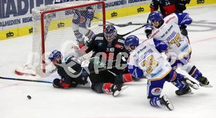 EBEL. Eishockey Bundesliga. VSV gegen HC TWK Innsbruck.  Jerry Pollastrone, Josef Hrabal,  (VSV), Kevin Tansey, Thomas Edward McCollum (Innsbruck). Villach, am 28.2.2021.
Foto: Kuess
www.qspictures.net
---
pressefotos, pressefotografie, kuess, qs, qspictures, sport, bild, bilder, bilddatenbank
