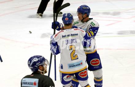 EBEL. Eishockey Bundesliga. VSV gegen HC TWK Innsbruck. Torjubel Sebastian Zauner, Scott Kosmachuk  (VSV). Villach, am 28.2.2021.
Foto: Kuess
www.qspictures.net
---
pressefotos, pressefotografie, kuess, qs, qspictures, sport, bild, bilder, bilddatenbank