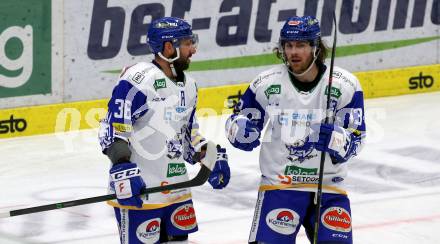 EBEL. Eishockey Bundesliga. VSV gegen HC TWK Innsbruck. Torjubel Jerry Pollstrone, Chris Collins  (VSV). Villach, am 28.2.2021.
Foto: Kuess
www.qspictures.net
---
pressefotos, pressefotografie, kuess, qs, qspictures, sport, bild, bilder, bilddatenbank