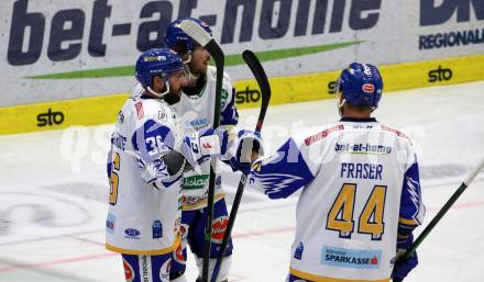 EBEL. Eishockey Bundesliga. VSV gegen HC TWK Innsbruck.  Torjubel Jerry Pollstrone, Chris Collins, Jamie Fraser (VSV). Villach, am 28.2.2021.
Foto: Kuess
www.qspictures.net
---
pressefotos, pressefotografie, kuess, qs, qspictures, sport, bild, bilder, bilddatenbank