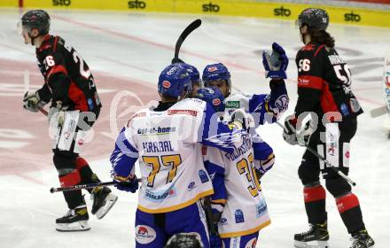 EBEL. Eishockey Bundesliga. VSV gegen iClinic Bratislava Capitals.  Torjubel Chris Collins, Matt Mangene, Josef Hrabal, Jerry Pollastrone,  (VSV). Villach, am 5.3.2021.
Foto: Kuess
www.qspictures.net
---
pressefotos, pressefotografie, kuess, qs, qspictures, sport, bild, bilder, bilddatenbank