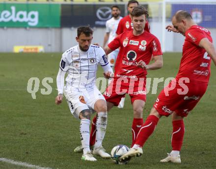 Fussball 2. Liga. SK Austria Klagenfurt gegen  FC Mohren Dornbirn.   Philipp Huetter (Klagenfurt), Tom Zimmerschied, Mario Jokic (Dornbirn). Klagenfurt, am 6.3.2021.
Foto: Kuess
www.qspictures.net
---
pressefotos, pressefotografie, kuess, qs, qspictures, sport, bild, bilder, bilddatenbank